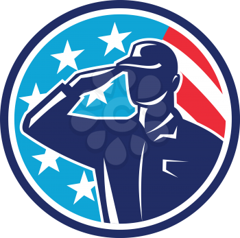 Illustration of an american soldier serviceman silhouette saluting set inside circle with usa flag stars and stripes in the background done in retro style. 
