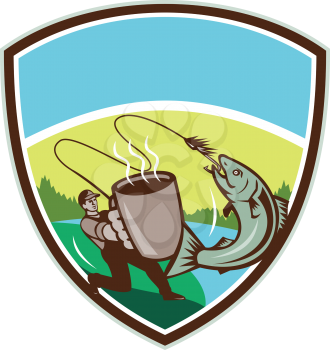 Illustration of a fly fisherman fishing holding mug hooking salmon jumping viewed from the side set inside shield crest with mountain, trees and sun in the background done in retro style