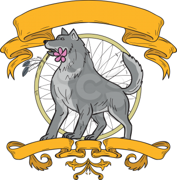 Drawing sketch style illustration of a timber wolf biting a plumeria flower looking to the side with dreamcatcher in the background and ribbon and scroll on isolated background.  