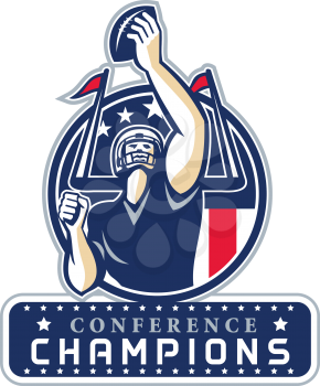 Illustration of an american football quarterback holding up ball facing front set inside circle with stars and stripes flag with words Conference Champions New England done in retro style.