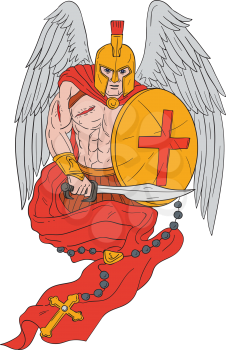 Drawing sketch style illustration of a wounded spartan warrior angel wearing helmet holding sword and shield with rosary viewed from front set on isolated white background.