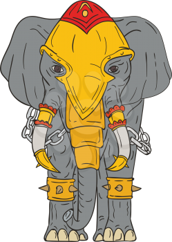Drawing sketch style illustration of a war elephant with armor and chains viewed from front set on isolated white background. 