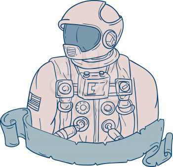 Drawing sketch style illustration of an astronaut bust looking to the side set on isolated white background with ribbon. 