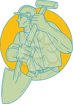 Drawing sketch style illustration of a construction worker wearing hard hat holding shovel looking to the side set inside circle on isolated background. 