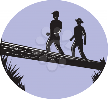 Illustration of  two trampers hikers crossing a deep ravine on a single log bridge set inside oval shape viewed from low angle done in retro woodcut style. 