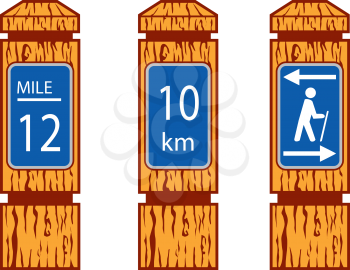 Illustration showing wooden mile marker signs like wood signs one would see along a hiking tramping trail set on isolated white background done in retro style. 