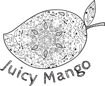 Mandala style illustration of  a mango, a juicy tropical stone fruit drupe belonging to the genus Mangifera set on isolated white background with the word text Juicy Mango done in black and white. 