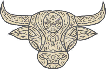 Mandala style illustration of a bull cow head viewed from front set on isolated white background. 