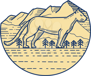 Mono line style illustration of a cougar mountain lion viewed from the side set inside half circle with mountain and trees in the background. 