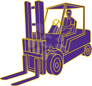 Mono line style illustration of a forklift truck with driver driving  viewed from the front set on isolated white background. 