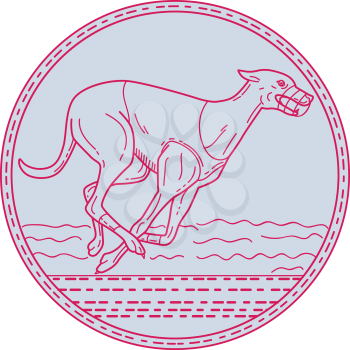 Mono line style illustration of a greyhound dog racing viewed from the side set inside circle on isolated background. 