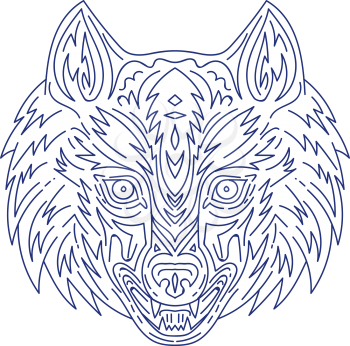 Mono line style illustration of a head of a grey wolf viewed from the front  set on isolated white background. 