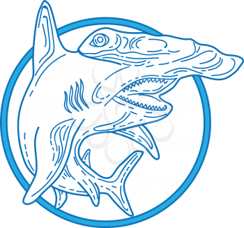 Mono line style illustration of a hammerhead shark set inside circle on isolated white background. 