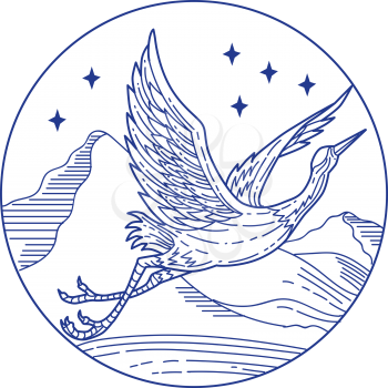 Mono line style illustration of a great blue heron flying viewed from the side set inside circle with stars and mountain in the background. 