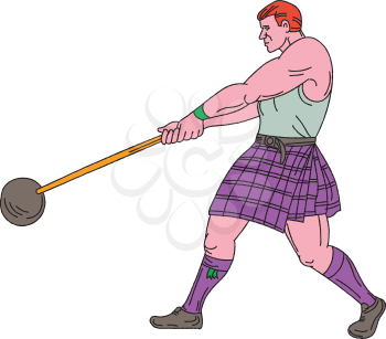 Drawing sketch style illustration of a Scottish heavy event highland games athlete engaged in weight throw viewed from the side set on isolated white background.