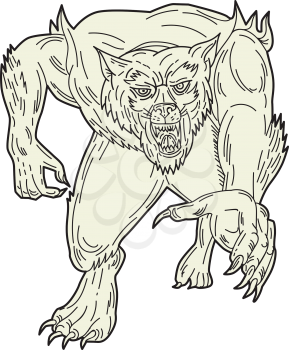 Mono line style illustration of a werewolf monster running forward set on isolated white background viewed from front. 