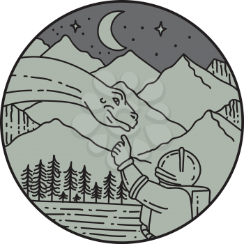 Mono line style illustration of an astronaut touching brontosaurus dinosaur head set inside circle with mountain, moon, stars and trees in the background. 