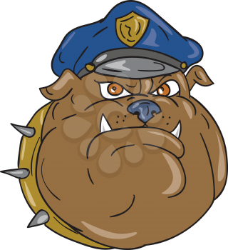 Illustration of a bulldog policeman police officer head viewed from front set on isolated white background done in cartoon style. 
