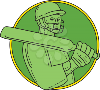 Mono line style illustration of a cricket player batsman wearing helmet holding bat on shoulder viewed from front set inside circle on isolated background. 