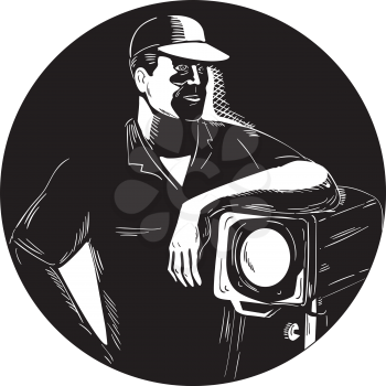 Illustration of a lighting filmcrew leaning on a fresnel spotlight looking to the side viewed from front set inside circle done in retro woodcut style. 
