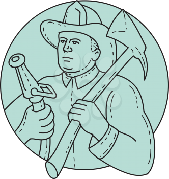 Mono line style illustration of a fireman fire fighter emergency worker looking to the side holding fire hose in one hand and fire axe on the other hand resting on shoulder set inside circle on isolat