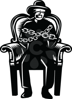 Illustration of a man in hat blindfolded and gagged and duct tape over mouth and bound in chains sitting on grand arm chair viewed from front set on isolated white background. 