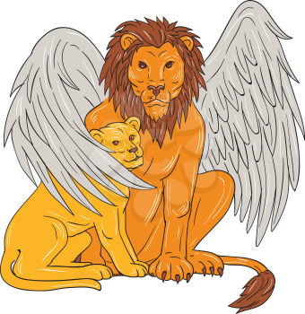 Drawing sketch style illustration of a winged lion, a mythological creature that resembles a lion with bird-like wings, protecting it's cub by putting it under it's wing set on isolated white backgrou