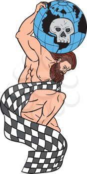 Drawing sketch style illustration of Atlas kneeling on one knee lifting globe with skull on his back draped checkered flag set on isolated white background. 