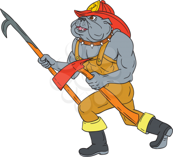 Drawing sketch style illustration of a bulldog firefighter fireman holding pike poke and fire axe walking viewed from the side on isolated white background. 