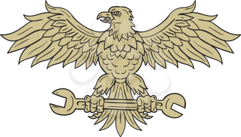 Drawing sketch style illustration of an american bald eagle looking to the side clutching spanner with its talon set on isolated white background viewed from front. 