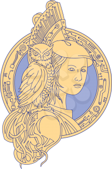 Mono line style illustration of Athena or Athene, the goddess of wisdom, craft, and war in ancient Greek religion and mythology with owl perched on shoulder set inside circle with electronic circuit b