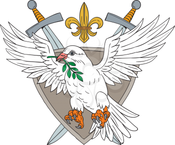 Drawing sketch style illustrarion of a dove with olive leaf in its beak set inside shield with sword and fleur de lis in the background. 
