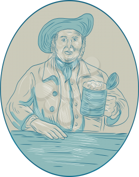 Drawing sketch style illustration of a medieval gentleman beer drinker holding tankard set inside oval shape viewed from front. 