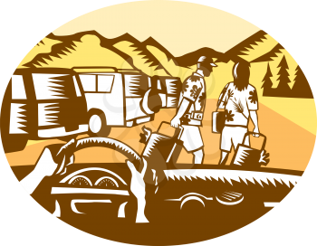 Illustration showing hands on steering wheel looking out of car windshield, with man and woman, wearing Hawaiian shirts, pulling suitcases at a parking lot full of cars at the base a mountain set insi