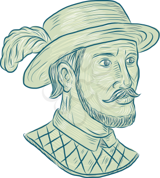 Drawing sketch style illustration of Juan Ponce de Leon, a Spanish explorer and conquistador who led the first European expedition to Florida while searching for the Fountain of Youth set on isolated 