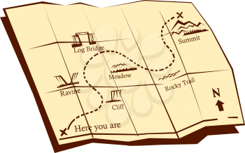 `Illustration of a folded Trail Map with X marks the spot , Here you are dotted line winding trail up with indicators for cliff, ravine, log bridge, Meadow, Rocky trail, to the right top corner an