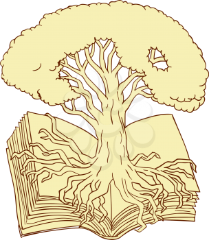 Drawing sketch style illustration of an oak tree rooted on book set on isolated white background. 
