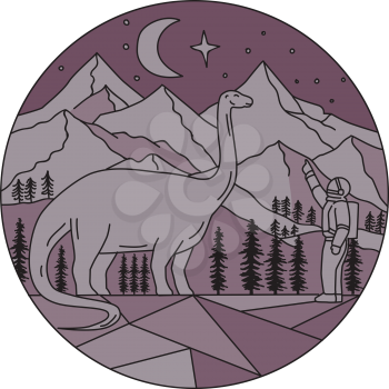 Mono line style illustration of an astronaut pointing to a brontosaurus with mountain, moon and stars in the background set inside circle. 