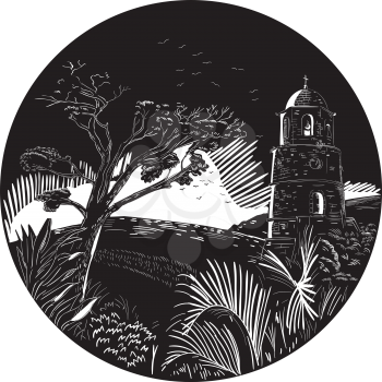 Illustration of a bellfry tower on a hill with trees nad birds set inside circle done in retro woodcut style. 