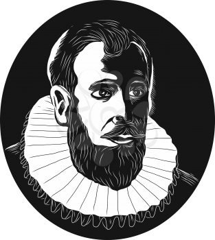 Illustration of Henry Hudson, English sea explorer and navigator in the 17th century who explored the Hudson River viewed from front set inside oval shape done in retro woodcut style. 