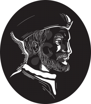 Illustration showing Jacques Cartier, French explorer of Breton origin who claimed what is now Canada for France viewed from the side set inside oval shape on isolated background done in retro woodcut
