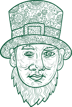 Mandala style illustration of a head of a leprechaun, a type of fairy in Irish folklore, with beard and a top hat viewed from front set on isolated white background. 