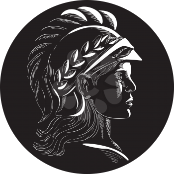 Illustration of Minerva or Menrva, the Roman goddess of wisdom and sponsor of arts, trade, and strategy wearing helmet and laurel crown viewed from side set inside oval shape done in retro woodcut sty