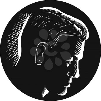 Illustration of a pensive man engage in deep thought viewed from side set inside circle on isolated background done in retro woodcut style. 