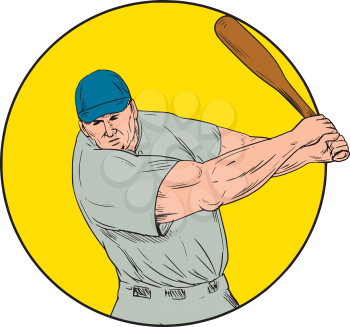 Drawing sketch style illustration of an american baseball player batter hitter  swinging bat viewed from front set inside circle. 