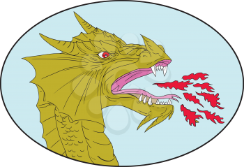 Drawing sketch style illustration of a dragon head breathing fire viewed from the side set inside oval shape on isolated background. 