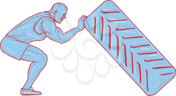 Drawing sketch style illustration of an athlete working out knees bent pushing back tire viewed from the side set on isolated white background. 