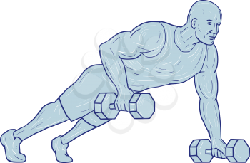 Drawing sketch style illustration of an athlete working out doing push ups with one hand holding dumbbell set on isolated white background. 