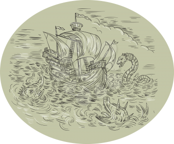 Medieval drawing sketch style illustration of a tall ship sailing in turbulent ocean sea with serpents and sea dragons around set inside oval shape. 