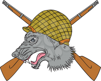 Drawing sketch style illustration of a grey wolf head wearing world war two helmet with crossed rifles in the background viewed from the side. 